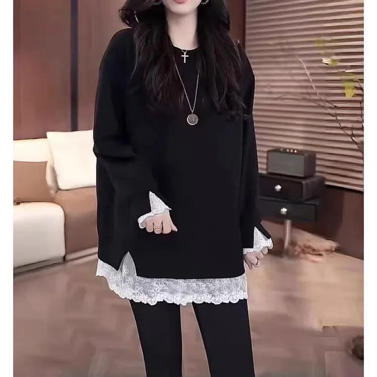 大码蕾丝拼接假两件加绒上衣秋冬长袖卫衣胖mm遮肚显瘦宽松卫衣