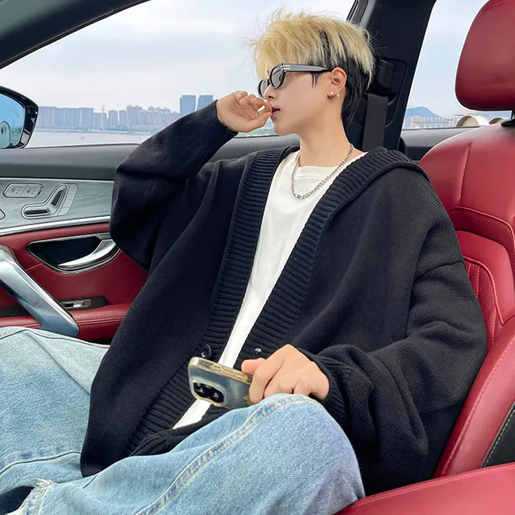 港风宽松连帽针织开衫毛衣外套男秋冬季慵懒风oversize松弛感线衣