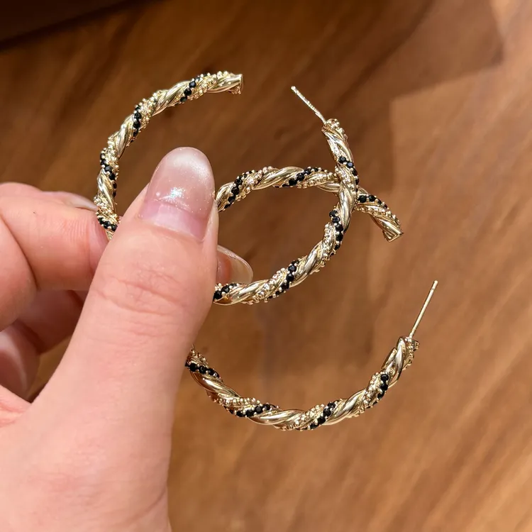 黄铜耳饰 欧美ins拼色女复古夸张金色黑色缠绕圈圈简约耳环