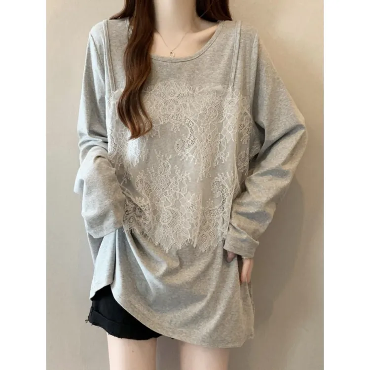 灰色蕾丝拼接长袖T恤打底衫女春秋2025大码胖mm中长款遮屁股上衣