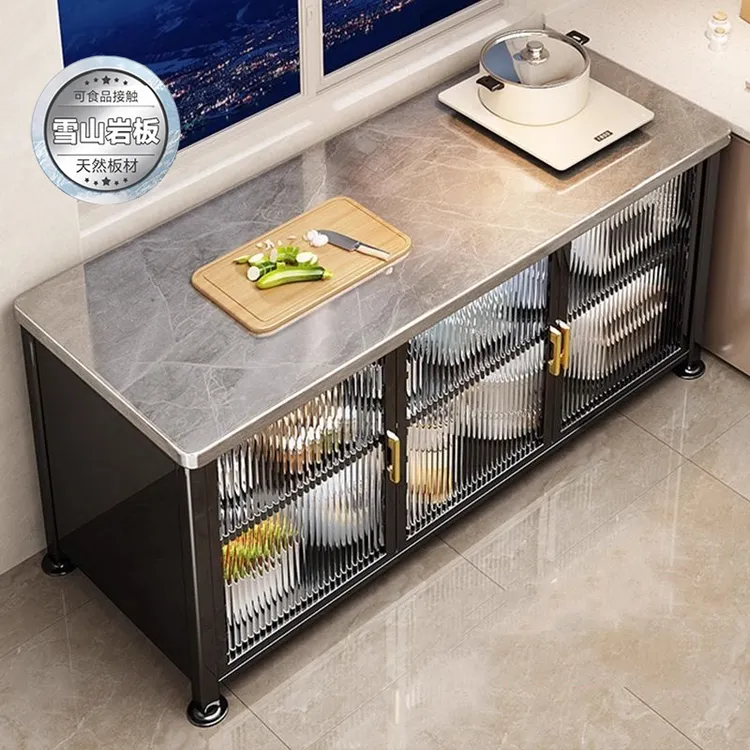 岩板储物柜对开门橱柜餐边收纳柜微波炉烤箱置物架放锅具碗柜柜子