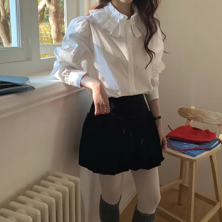 法式花边娃娃领长袖衬衫女夏季新款宽松显瘦百搭白色别致上衣上衣