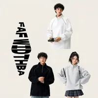 WY7703 美式复古半拉链立领卫衣男宽松情侣休闲运动上衣卫衣