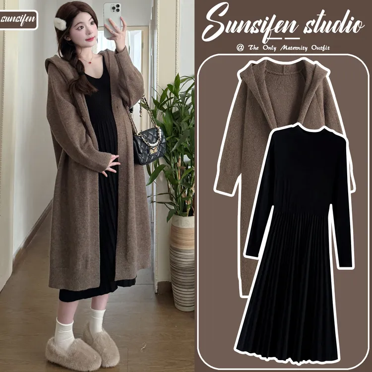 孕妇套装秋冬2025新款加厚保暖慵懒风针织开衫大衣连衣裙两件套潮