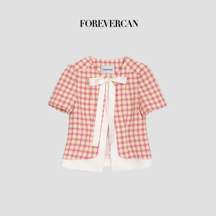 FOREVERCAN“热浪甜心”复古格纹蝴蝶结领口粗花呢短袖开衫 ST23538