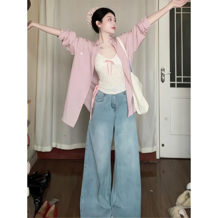 粉色长袖衬衫防晒衬衣春秋夏宽松外套直筒拖地宽松高腰长裤2025年