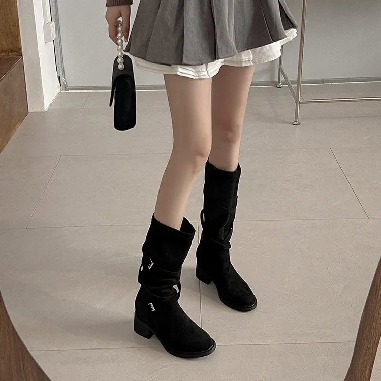 新款西部旅游靴辣妹堆堆靴秋冬时尚时装靴厚底辣妹网红靴内增高靴