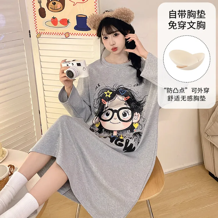 带胸垫睡裙春秋季卡通长袖睡衣少女大码卡通连衣裙休闲时尚家居服