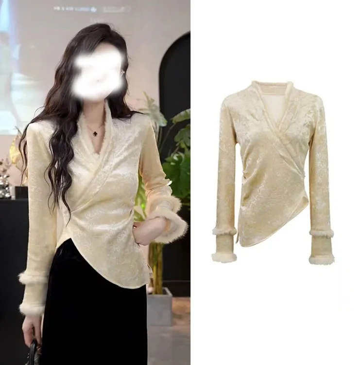 加绒加厚新中式拼接气质复古长袖上衣显瘦毛毛拼接衬衫11