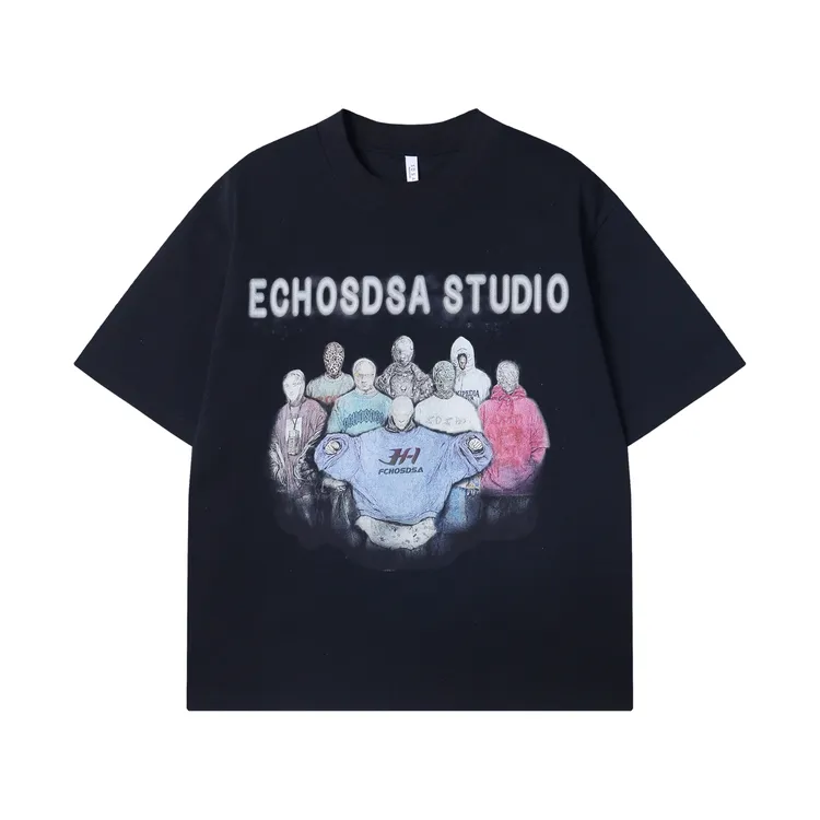 夏季高级感新款绘人像字母印花短袖T恤美式重磅宽松情侣小众上衣