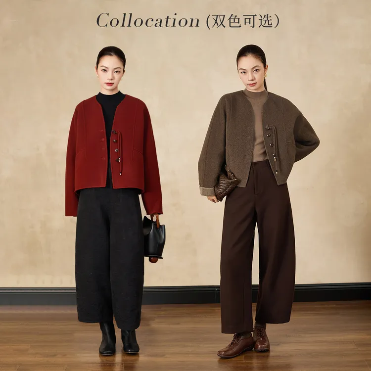 秸熙冬季新款轻国风双面呢大衣宽松短款外套5XD2C6/九分裤5XD385