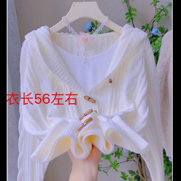 Dsz732咖白牛角扣连帽麻花毛衣外套秋冬新款减龄针织开衫