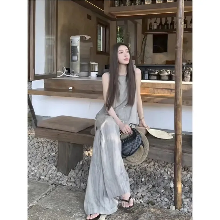 法式慵懒风高级感气质无袖上衣女夏季新款垂感阔腿长裤子两件套装
