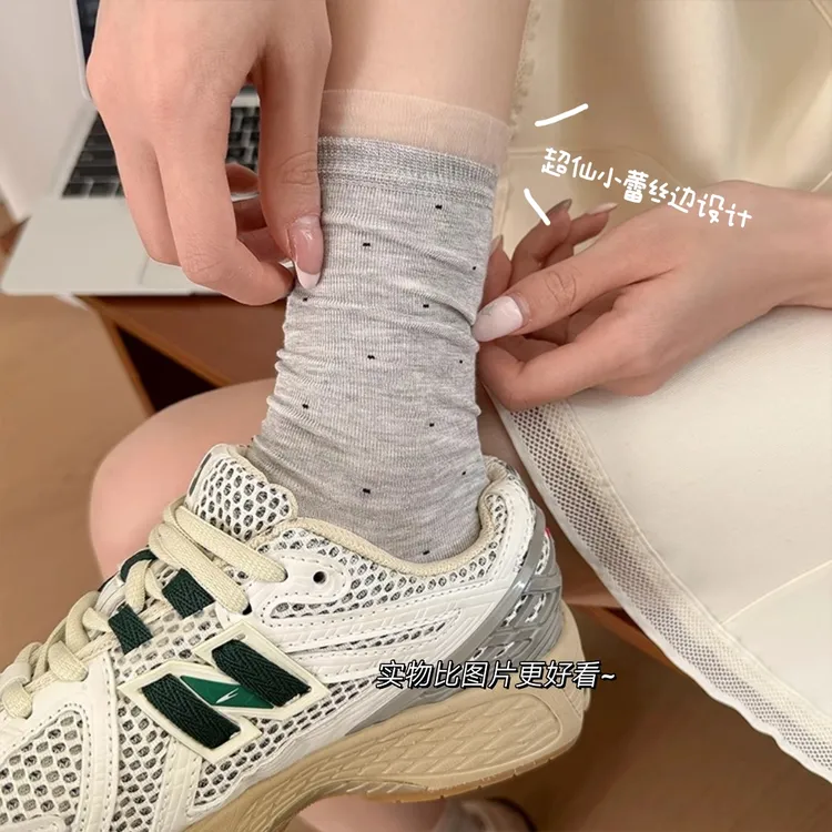 蕾丝边波点袜子女中筒袜夏季薄款芭蕾风日系少女miu系堆堆长袜子