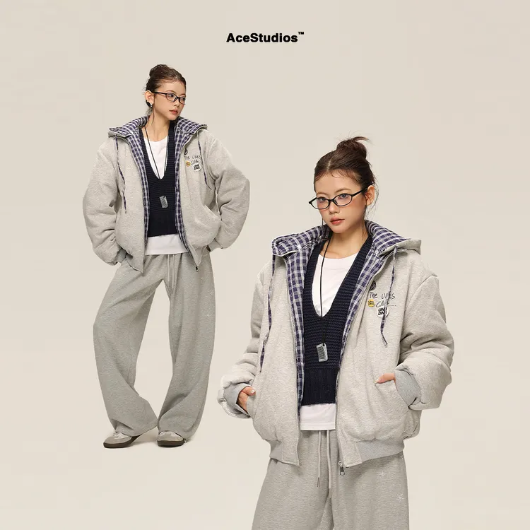 AceStudios冬季加厚美式复古格子拼接连帽卫衣棉服徽章宽松外套女