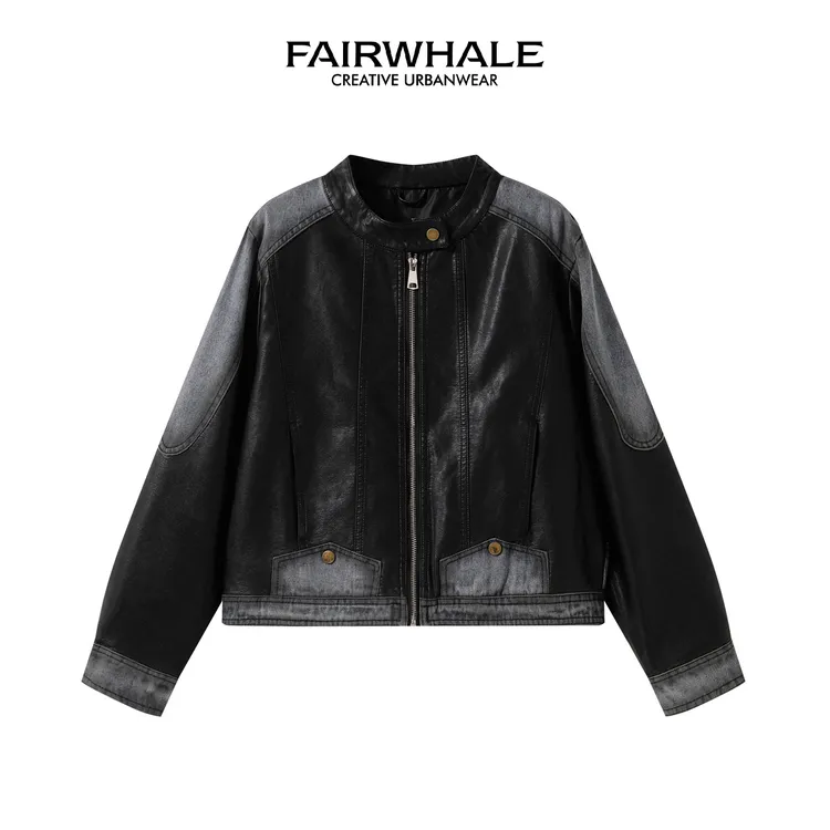 马克华菲女装皮革牛仔拼接休闲时尚百搭宽松外套 F53010A007  