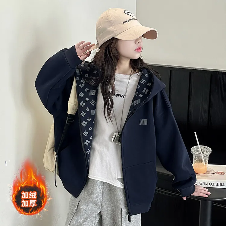 女童2025深秋加绒加厚外套洋气中大童休闲连帽上衣初中生冬季衣服
