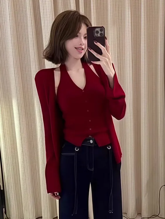 性感纯欲风挂脖无袖针织开衫女装2025早秋季新款韩系外搭罩衫上衣