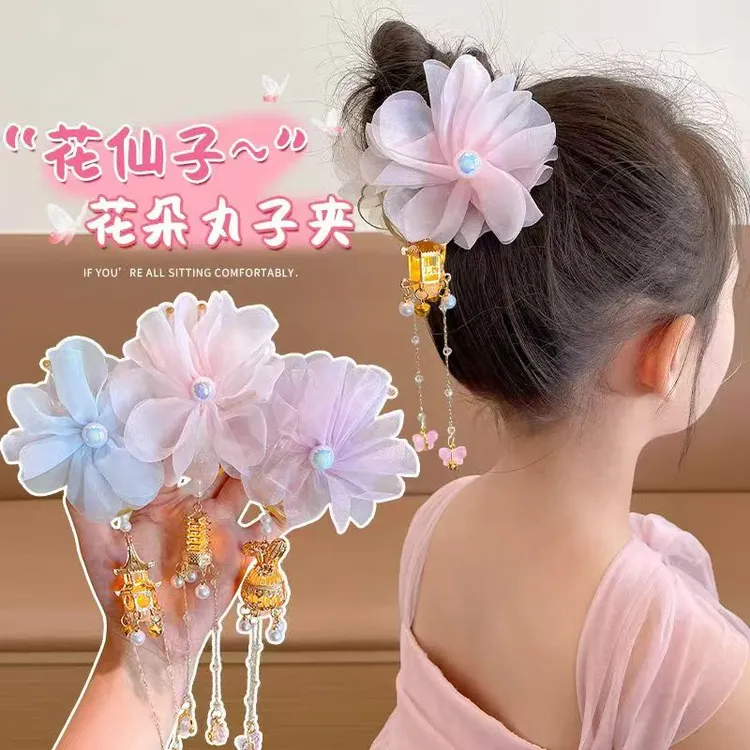 中秋节发光宫灯发饰儿童可爱丸子头抓夹花朵灯笼发夹女童古风发卡