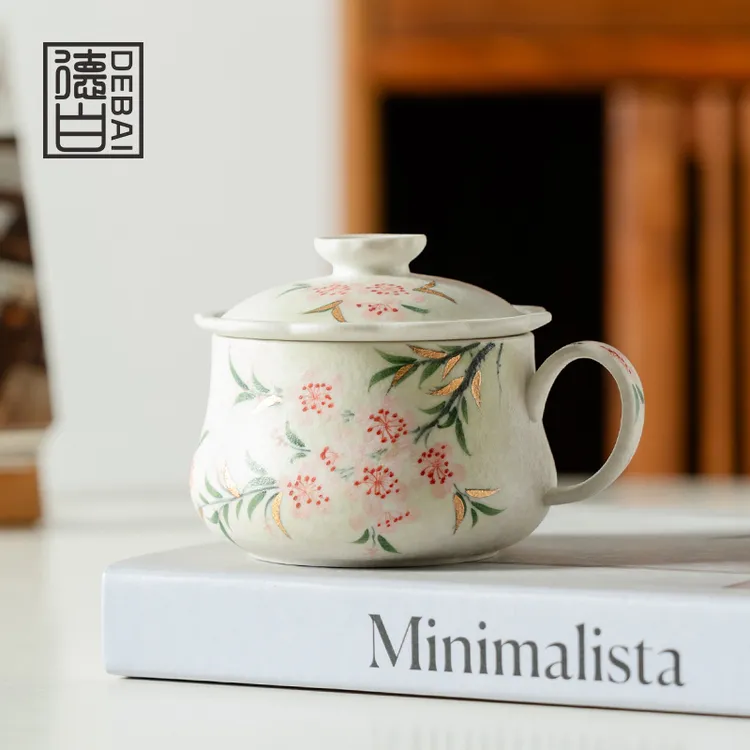 德白手绘桃花茶咖杯办公杯茶水分离杯子马克杯女士陶瓷茶具泡茶杯