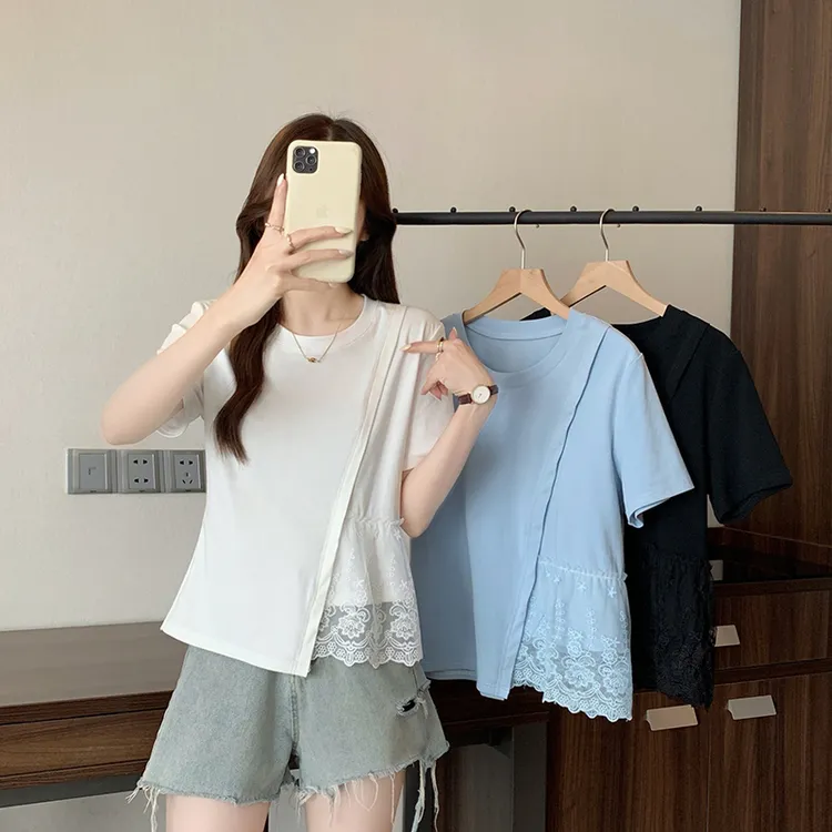 夏装新款胖mm大码女时尚设计感圆领蕾丝花边别致短袖T恤