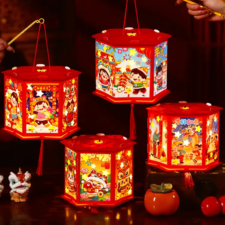 新年灯笼手工diy春节过年儿童手提发光投影走马灯幼儿园装饰花灯