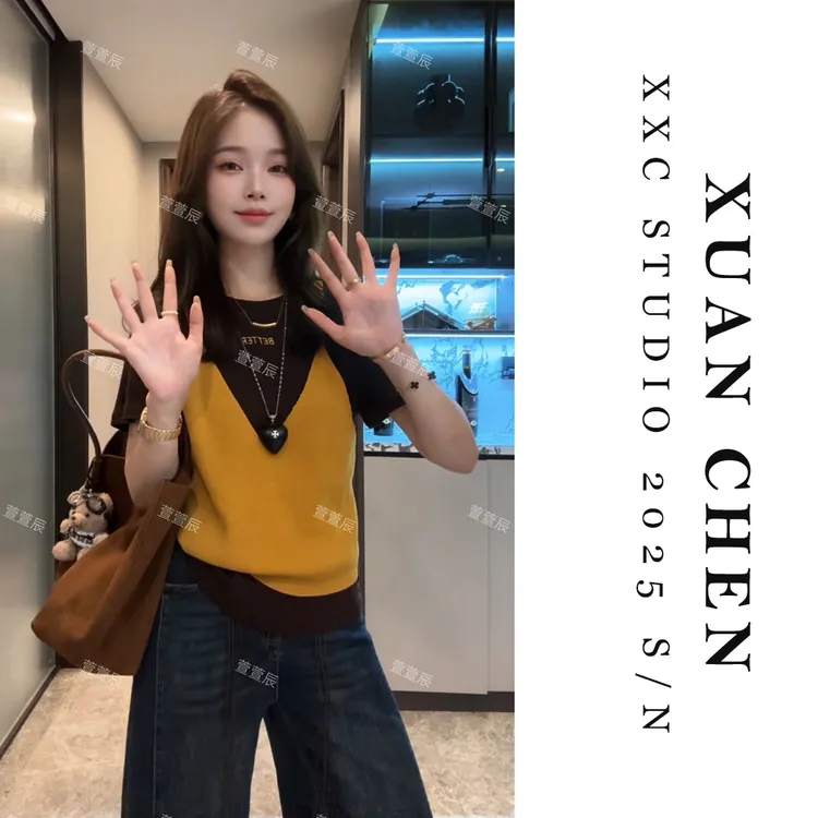 【油画少女】秋季网红洋气炸街女装时尚假两件短袖圆领T恤#8723