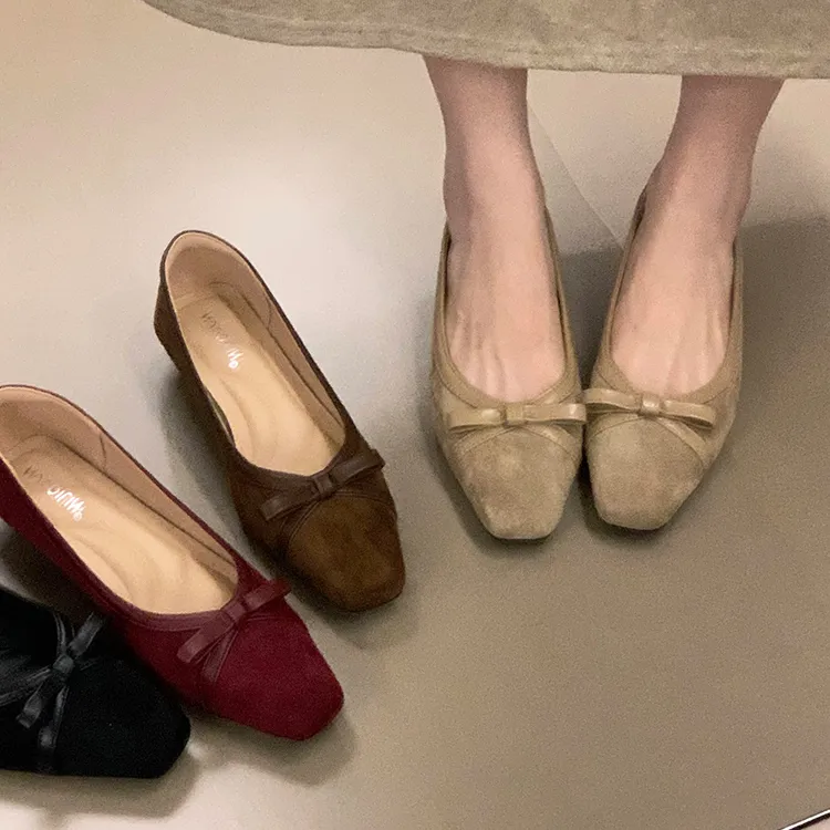 设计感~法式蝴蝶结一脚蹬浅口单鞋女配裙子气质方头平底玛丽珍鞋