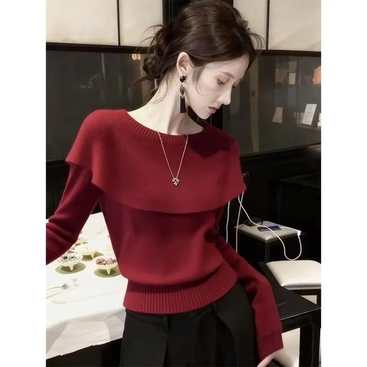 2026春季新款时尚设计感披肩毛针织衫女长袖显瘦红色毛衣上衣