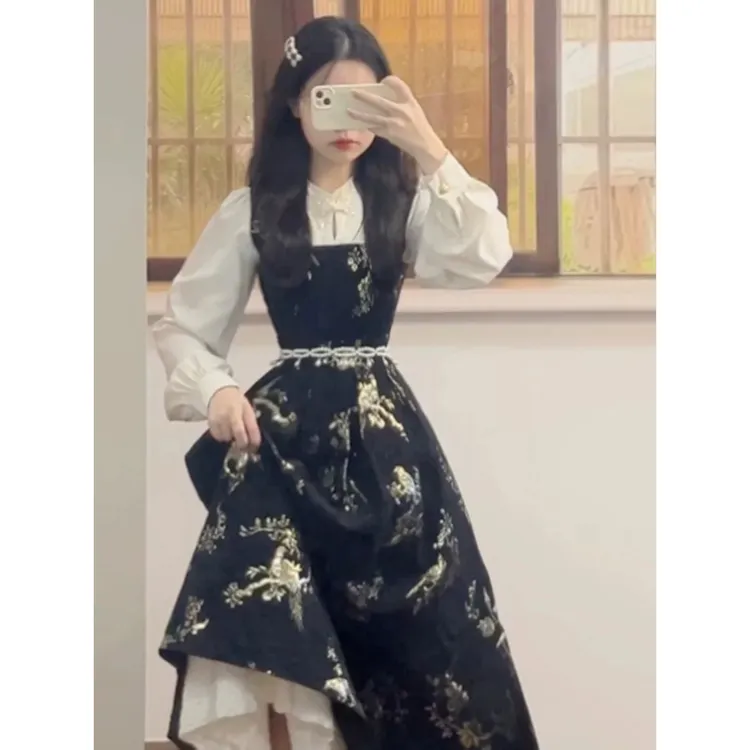 新中式国风黑色假两件连衣裙子女早秋新款高级感气质收腰长裙8970