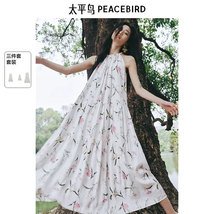 张风野联名【莫奈花园】太平鸟碎花连衣裙新款挂脖度假ABFAF2274