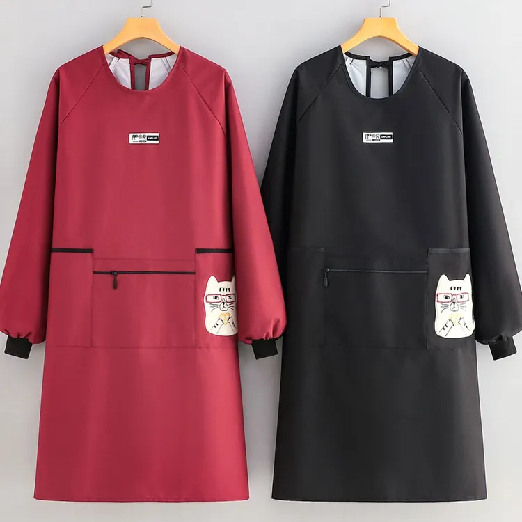时尚多口袋防油污围裙长袖覆膜防水罩衣家用做饭防油污围裙工作服