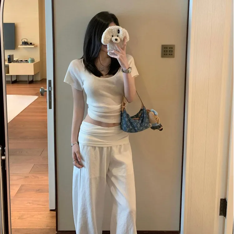 设计感翻腰休闲裤女夏季新款老钱风气质百搭宽松垂感拖地阔腿裤