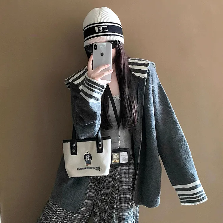 大码慵懒风女海军领针织条纹毛针织衫衫时尚上衣 8035