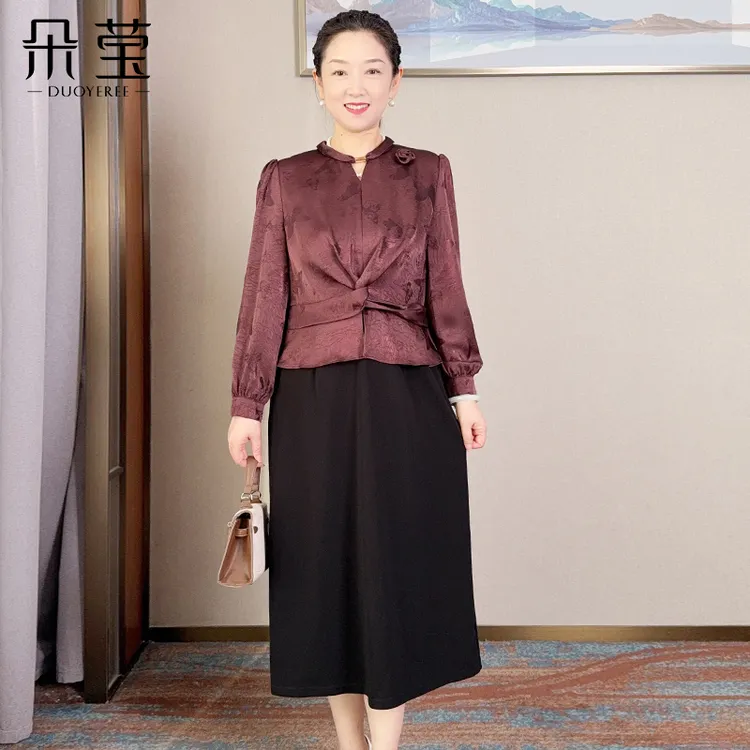复古秋女装时尚拼色裙子中长款显瘦优雅50岁妈妈装连衣裙YX90355