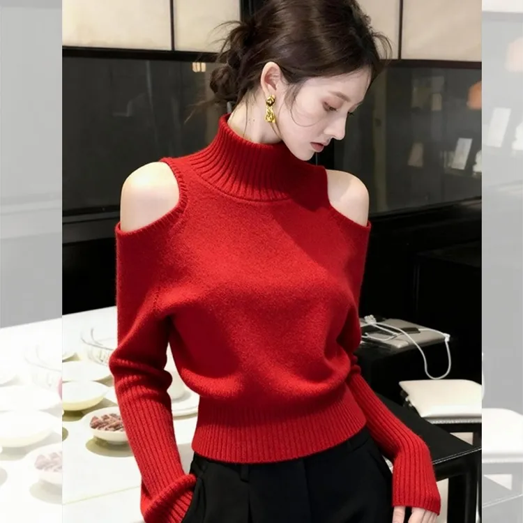 红色露肩高领毛衣女秋冬慵懒高级感上衣独特超好看洋气针织打底衫