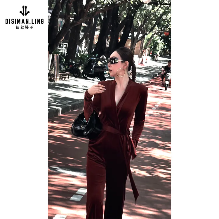迪丝嫚苓棕红梭织连体裤气质时尚休闲设计师百搭连体轻奢女士修身