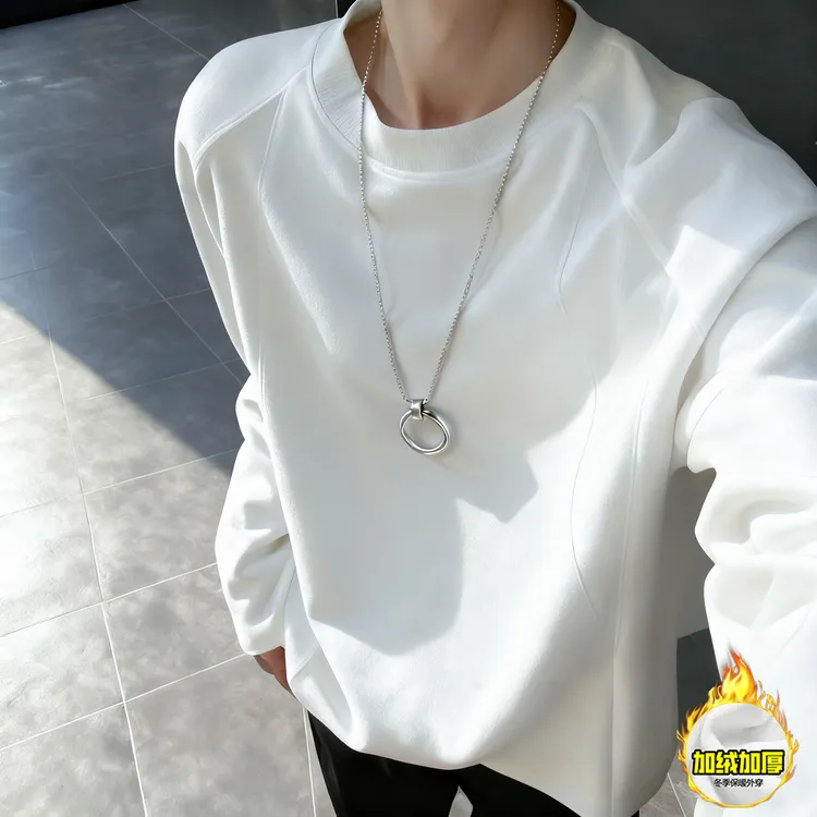 重磅拼接加绒卫衣男款秋冬季cleanfit美式复古长袖T恤正肩打底衫