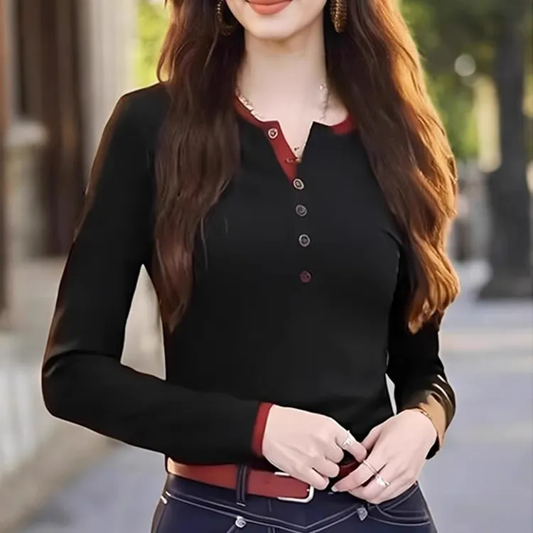春秋季修身洋气设计感上衣T恤女新款撞色拼接显瘦打底圆领长袖