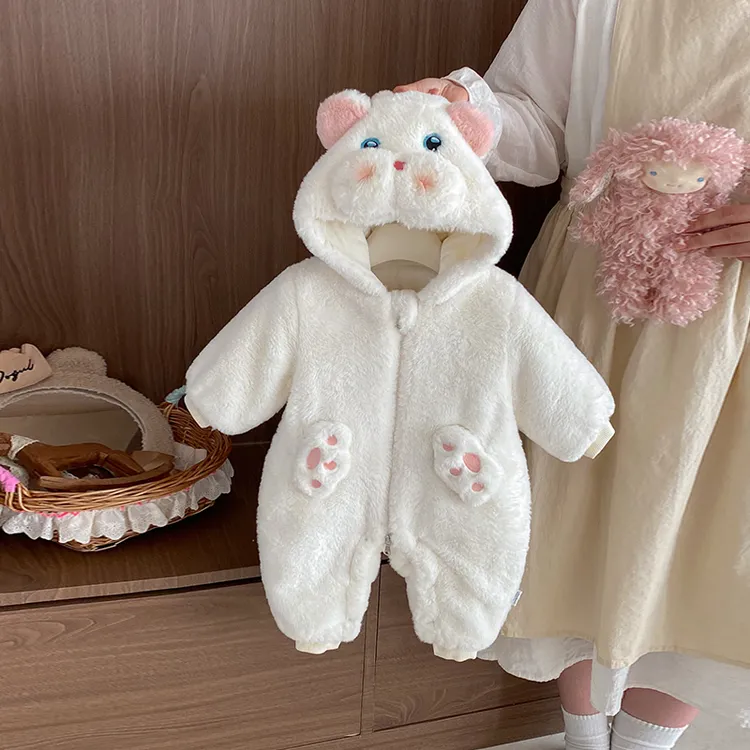 婴儿冬季衣服女宝宝毛毛衣可爱超萌猫咪连体衣冬装加绒加厚外出服