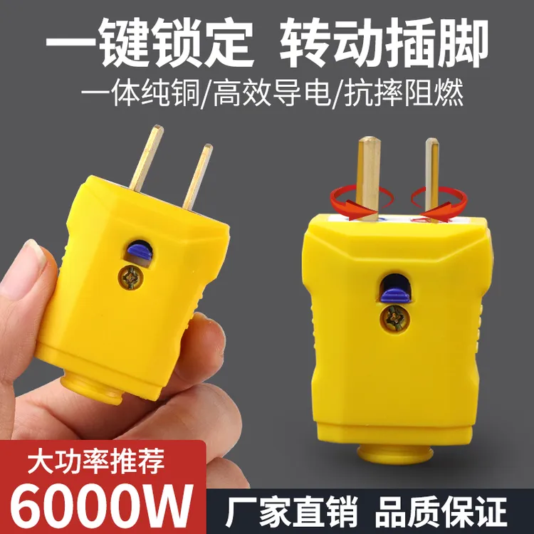 【6000W】升级款加厚纯铜插头二脚不带线防摔连体铜16A大功率叉头