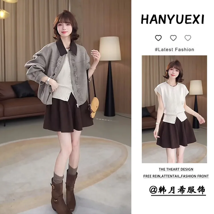 秋季时尚一整套女装2025新款小个子针织内搭翻领外套短裙三件套潮