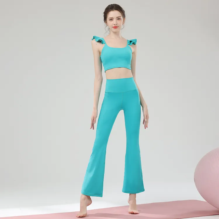 气质荷叶边瑜伽套装女吊带背心运动跑步速干健身喇叭裤两件套