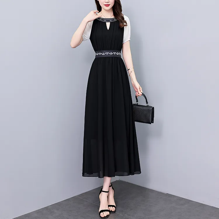 广州十三行黑色真丝连衣裙2025新款夏季短袖长款修身仙女大摆长裙