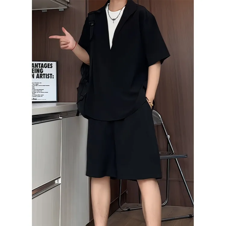 假两件老钱风短袖polo衬衫短裤套装男小众夏季透气休闲衬衫短裤男