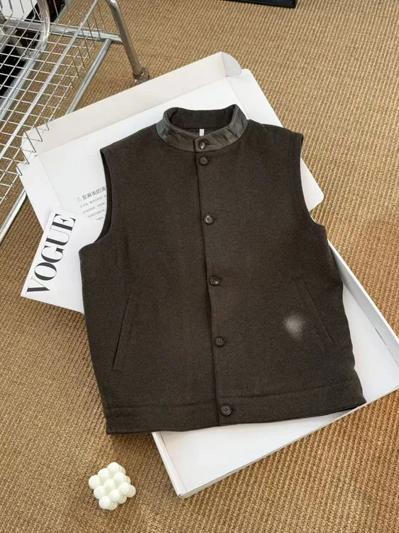 复古港风老钱风秋冬新款绵羊毛山羊绒混纺简约百搭马甲2025男装