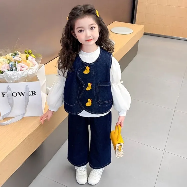 女童套装童装春秋2025新款三件套洋气时髦宝宝儿童韩版马甲牛仔