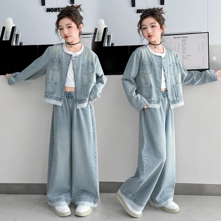 拼接牛仔套装中大童外套春季新款洋气百搭阔腿裤12-15岁洋气春装