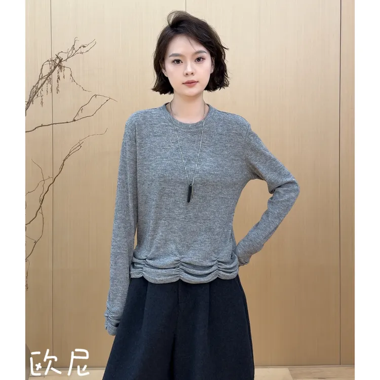 欧尼私服 2025秋季小众设计肌理纹长袖T恤木耳边打底2509C5988