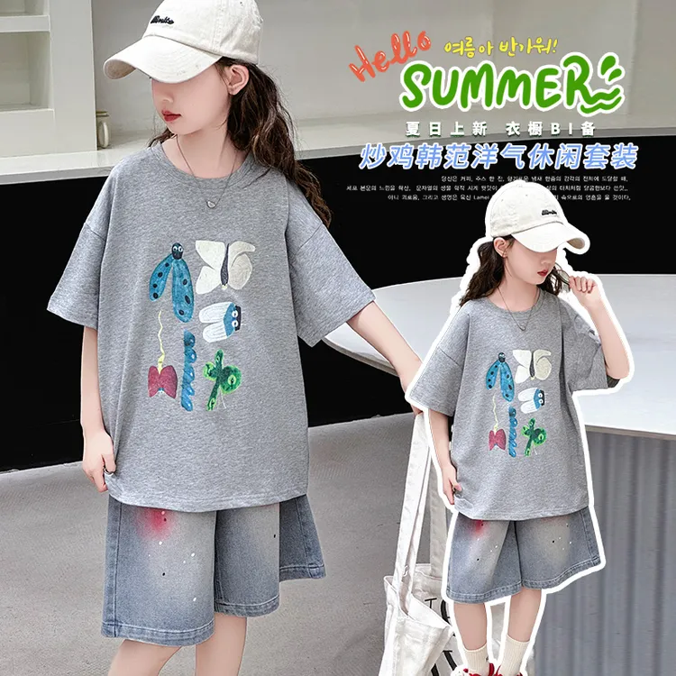 女童夏装两件套2025新款韩系6-12岁女孩宽松短袖夏装儿童五分裤潮